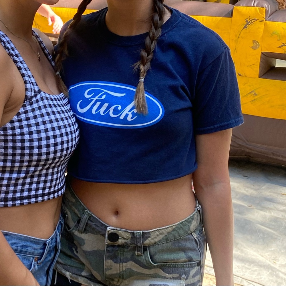 Blue Graphic Tee and Gingham Crop Top